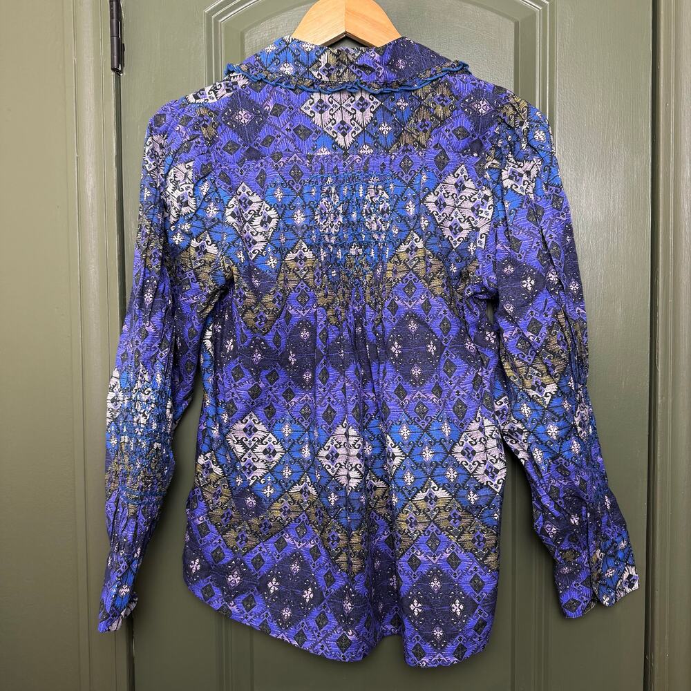 NWT Ro's Garden Gin Button-Up Collared Geometric Shirt Lachen Blue Purple XS - Picture 5 of 7